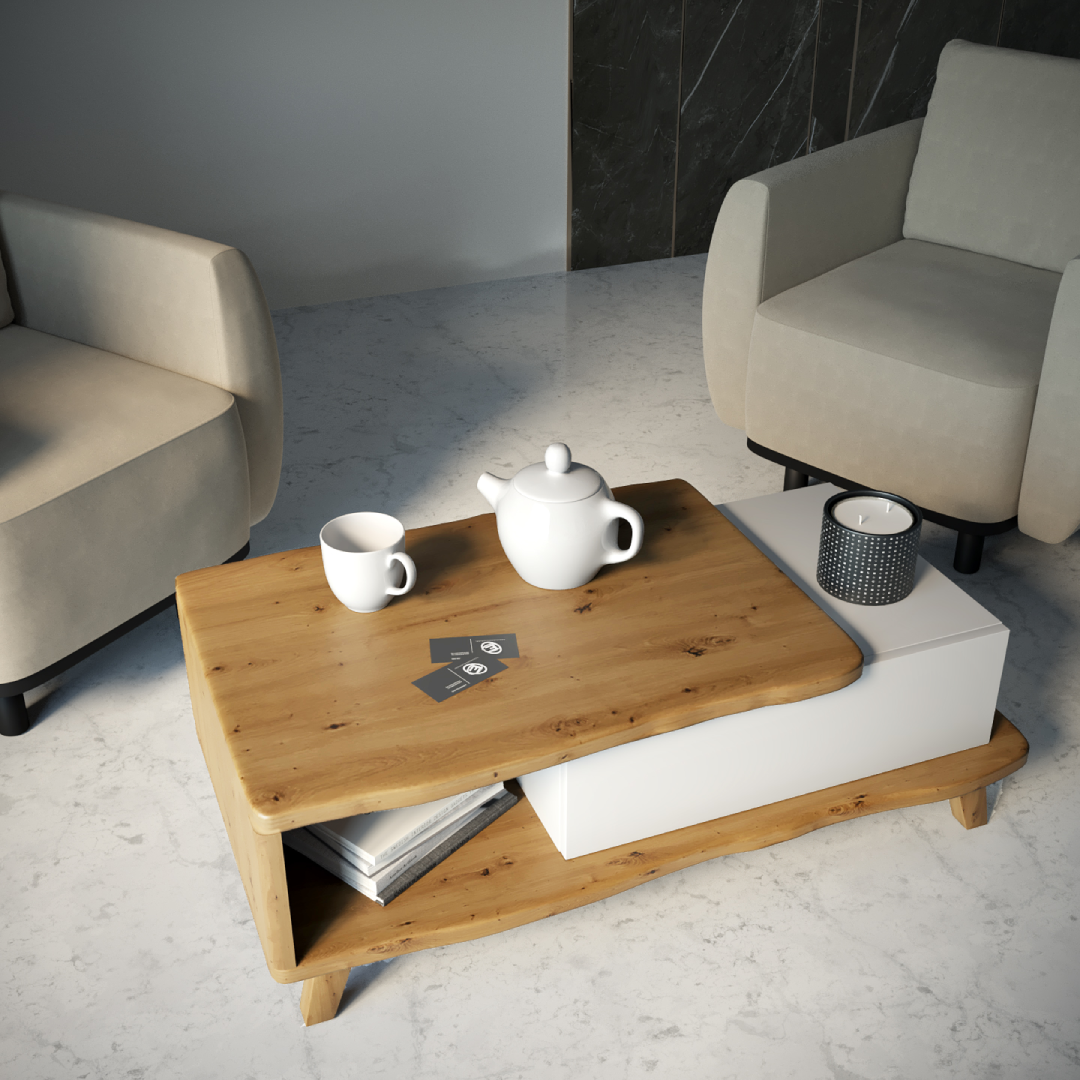 Armin white- שולחן סלון מעץ מלא שילוב של לבן ועץ בעל סיומת גלית