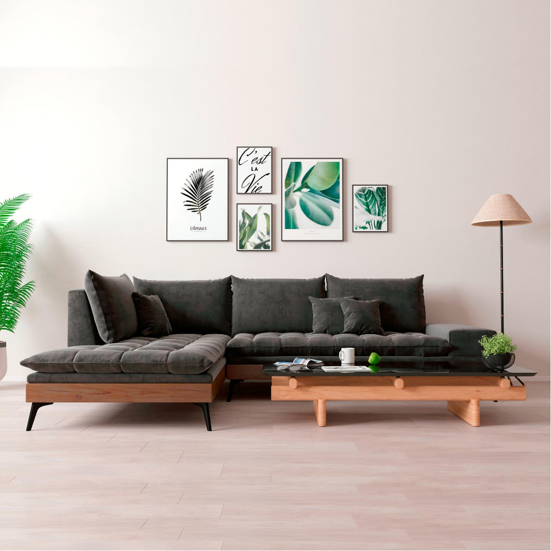 Manzanalit gray- ספה פינתית מרהיבה עם צוקל עץ בגוון אפור כהה